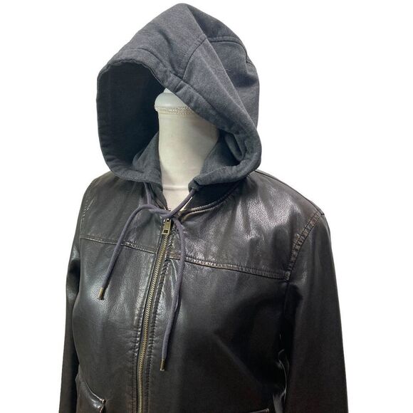 Levi Strauss Brown Faux Leather Jacket Hooded Womans Large Sherpa quilted zip - Picture 2 of 13